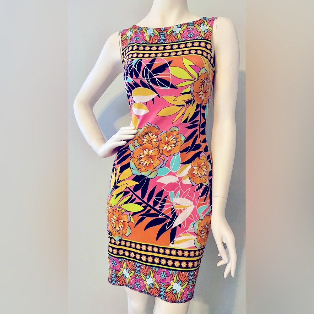 Cachet Lined Bold Floral Bodycon Dress Raw Hem Size 2 Festival Occasion Beach